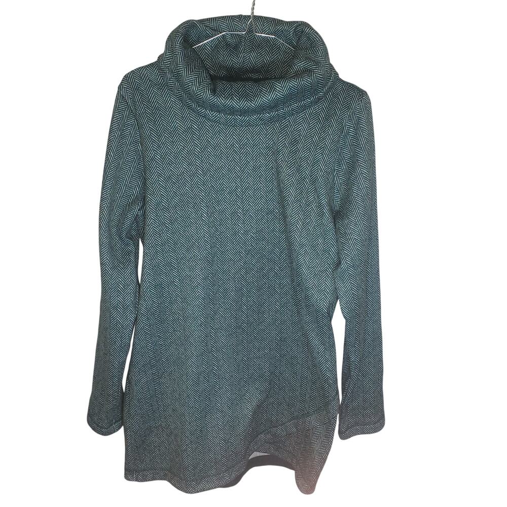 Lands' End Sweater Fleece Tunic Cowl Neck Green MT Tall Herringbone Curved Hem